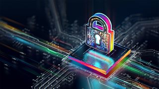 Cyber security debt concept image showing multi-colored padlock on top of a circuit board.